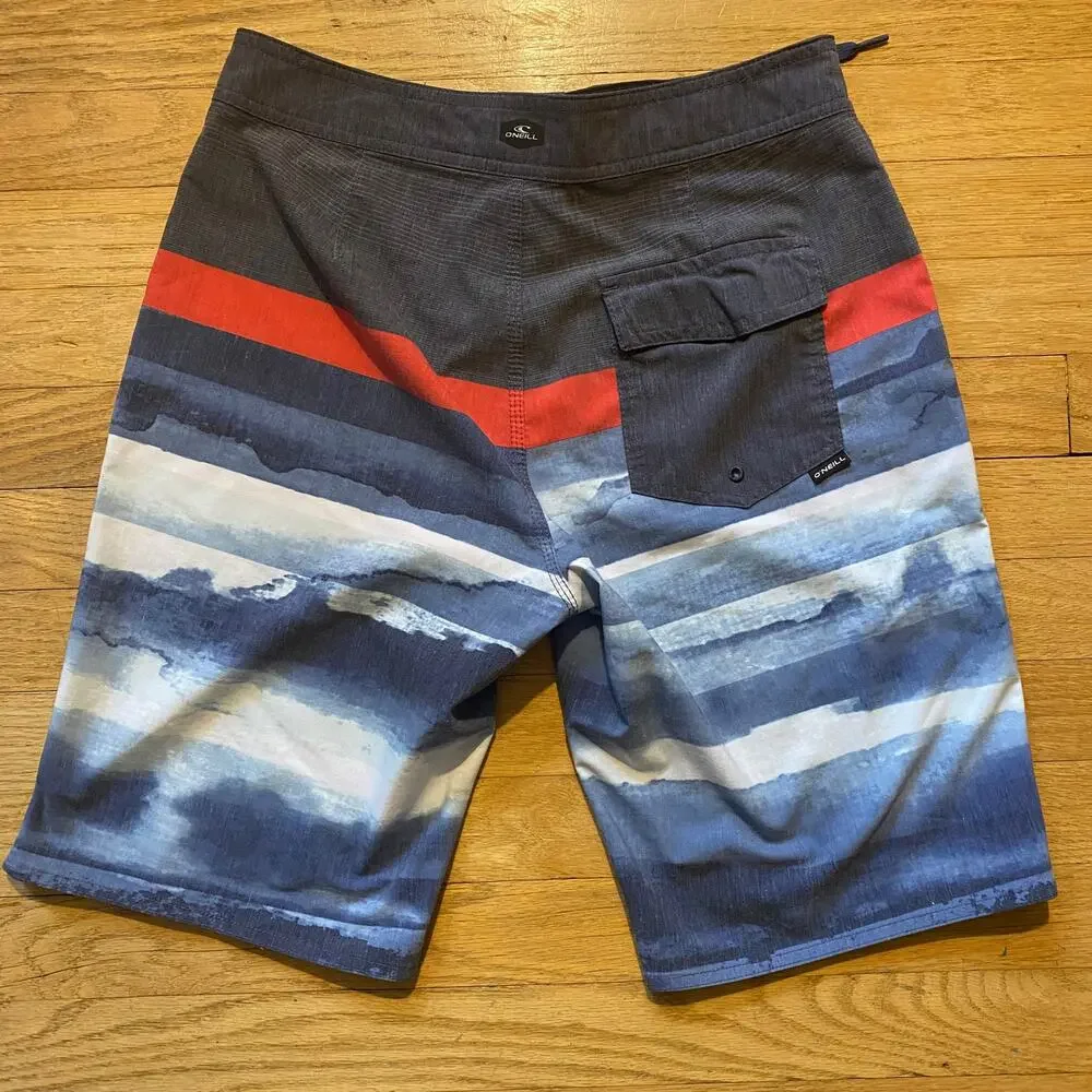 O'Neill Boys Blue Stripe Board Shorts Swim Trunks Size 28 Youth XL